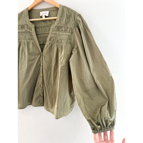 Cleobella River Blouse XL Women's Peasant Pintuck Cotton Olive Green Peasant - Picture 3 of 8